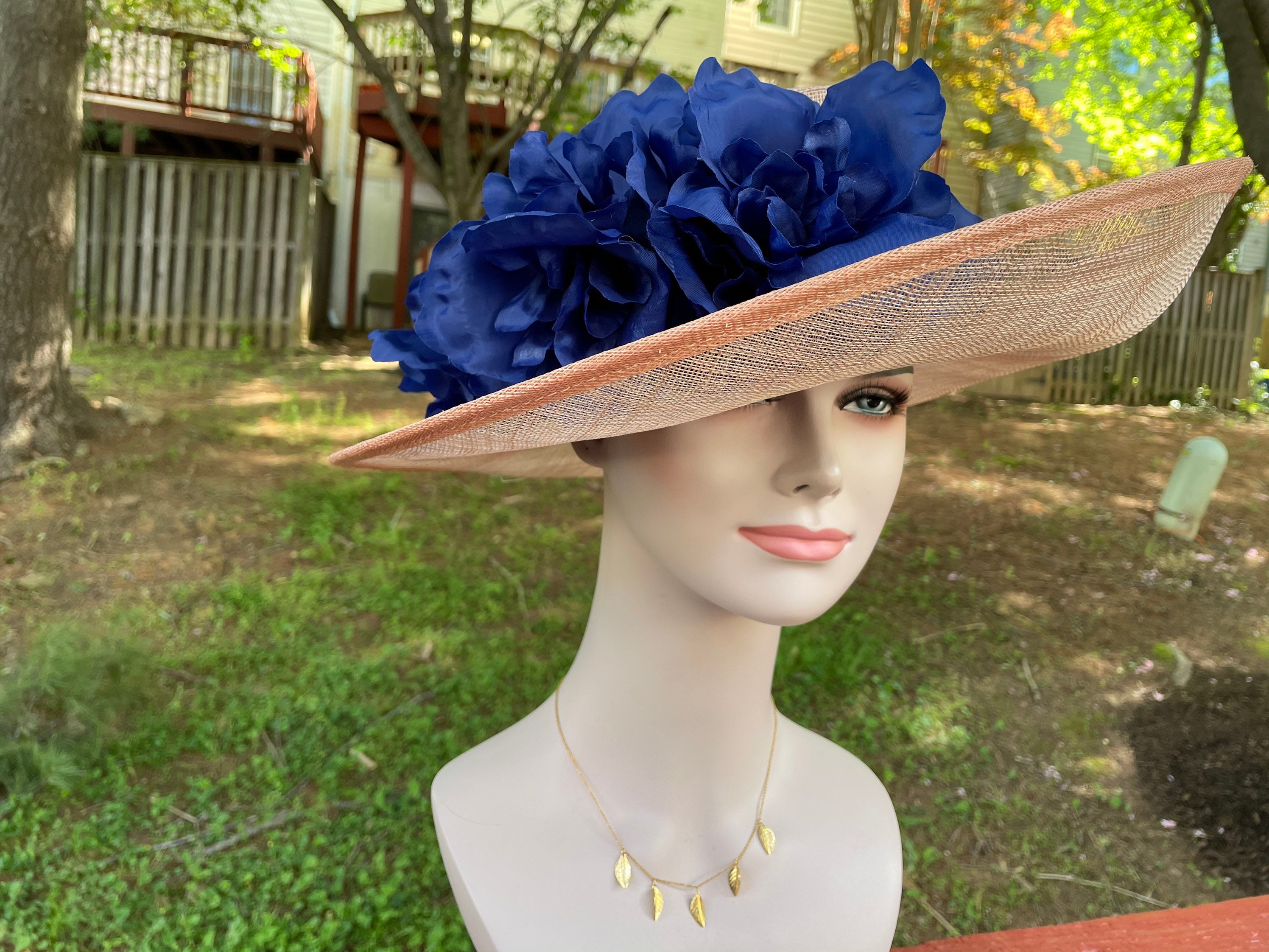 Large Wide Brimmed Sinamay Hat Swirl Detail With Satin Flowers