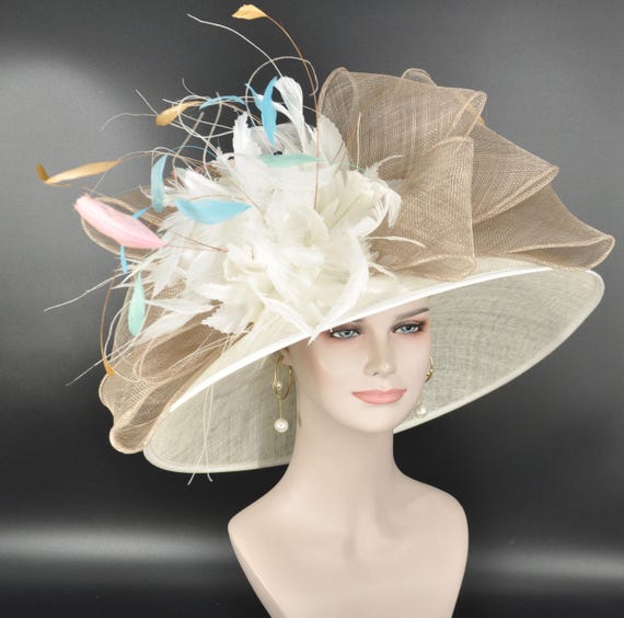 Ivory Taupe Colorful Feathers Wide Brim Sinamay Hat,kentucky  display picture 1