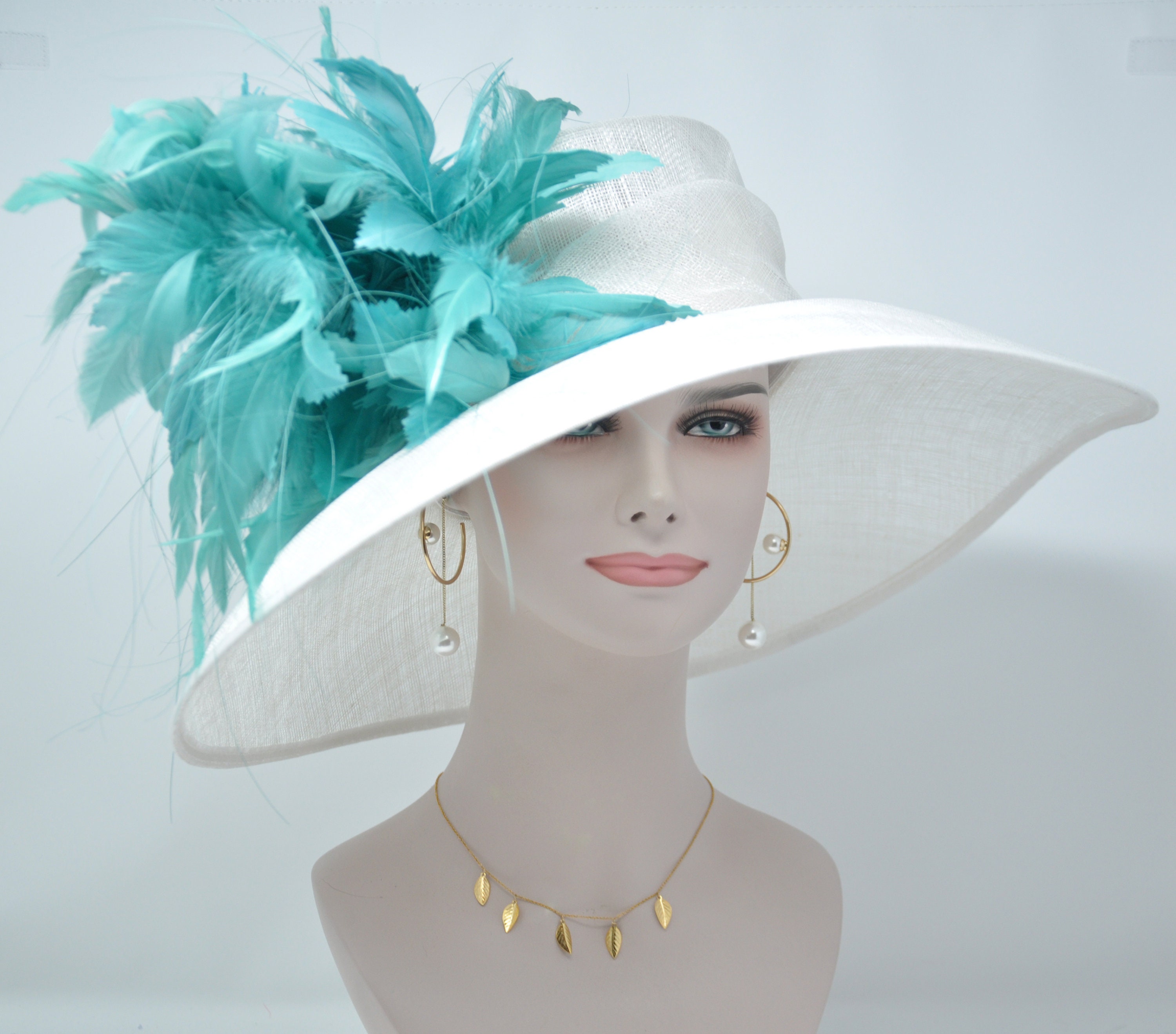White With Turquoise Feather Flowers Kentucky Derby Hat Tea