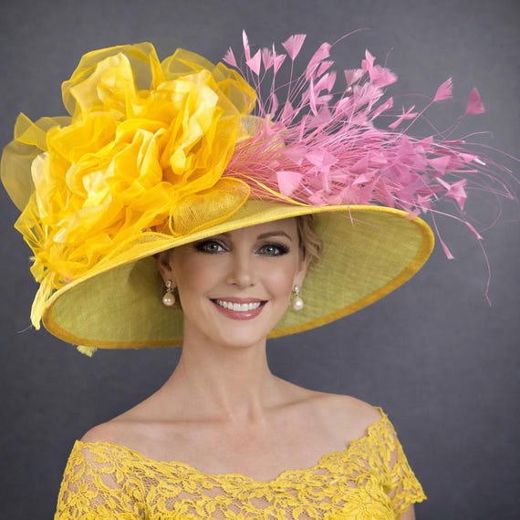 Yellow and Pink Floral Feather Sun Hat Deep Yellow Boater Style Hat With Hot Pink Appliques  main image 2