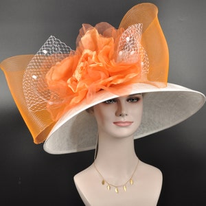Church Kentucky Derby Hat Carriage Tea Party Wedding Wide Brim  Hat in Solid Sinamay Hat  White w Orange Jumbo Silk Flower