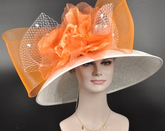 Church Kentucky Derby Hat Carriage Tea Party Wedding Wide Brim  Hat in Solid Sinamay Hat  White w Orange Jumbo Silk Flower