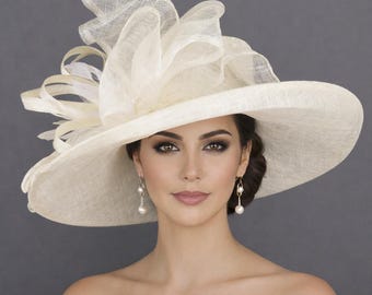 Ivory Off White Wide Brim Sinamay Hat for Kentucky Derby, Ascot Racing Hat, Elegant Wedding Guest Hat, Mother of the Bride Hat