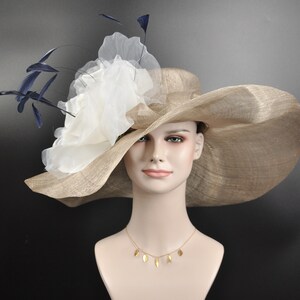 Taupe w Ivory Jumbo Silk Flower, Feathers  Kentucky Derby hat, Church hat, Wedding hat, Tea Party hat , Floppy Wide Brim Sinamay Dress Hat