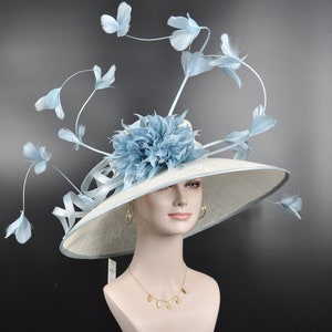 White w Powder Blue Kentucky Derby Hat, Church Hat, Wedding Hat, Easter Hat, Tea Party Hat Wide Brim Royal Ascot Horse Race Oaks day hat