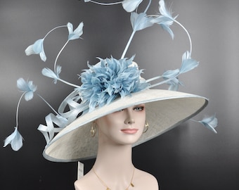 White w Powder Blue Kentucky Derby Hat, Church Hat, Wedding Hat, Easter Hat, Tea Party Hat Wide Brim Royal Ascot Horse Race Oaks day hat