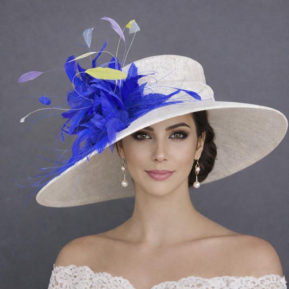 Elegant Blue and White Race Day Hat, Sinamay Royal Blue Teal Blue White Wide Brim Sinamay Hat for  main image 2