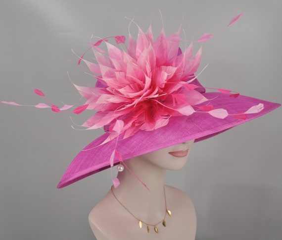 Fuchsia Floral Feather Wide-Brim Women’s Hat Fuchsia Pink Feather Flower Wide Brim Kentucky Derby Hat  main image 4
