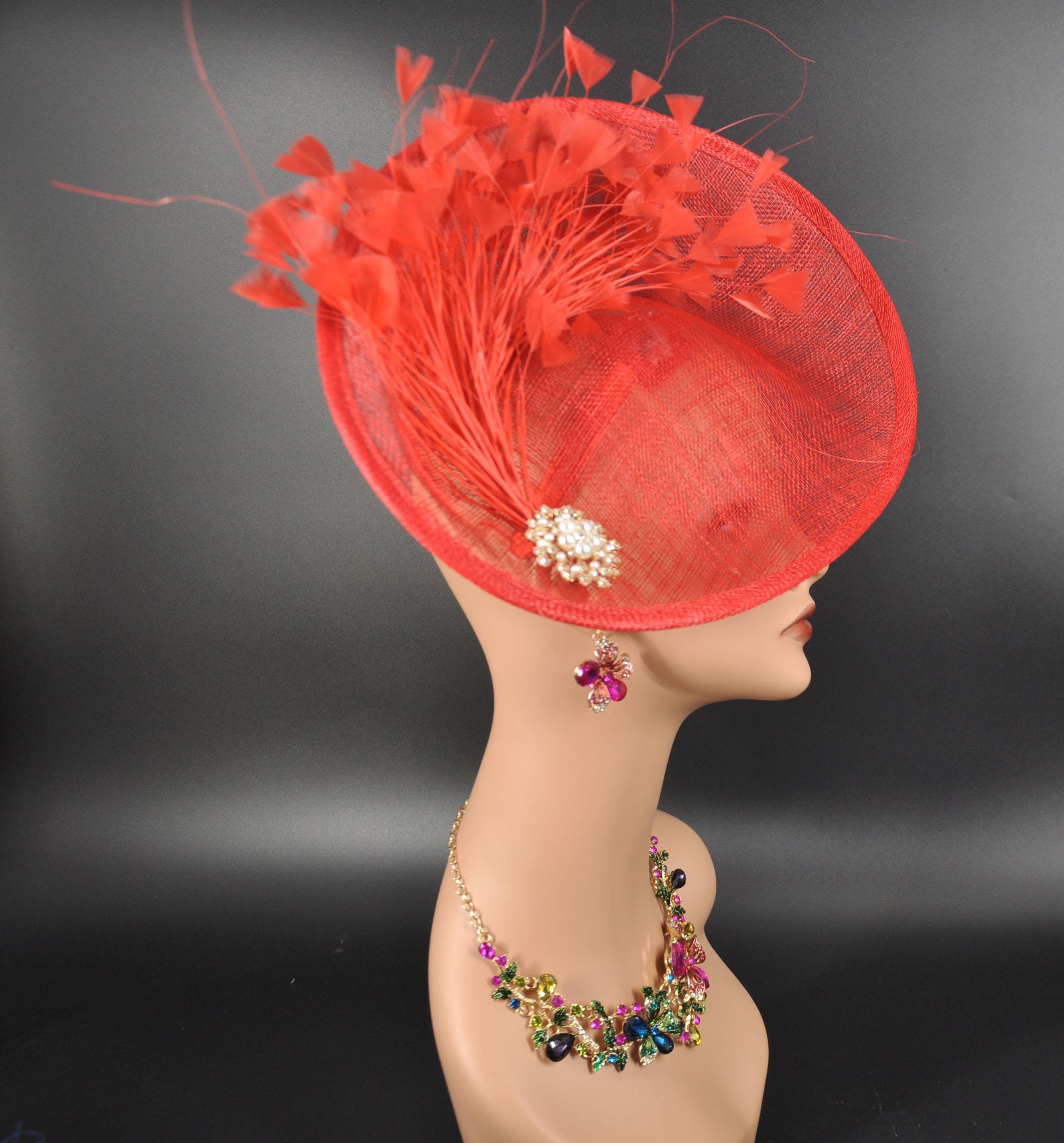 New Red Feather Fascinator Pearl Embellishment Sinamay Bow Derby Church Tea Hag kentucky derby hat fascinator red sinamay with baby pink  main image 2