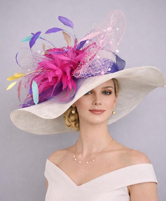 White Hot Pink Feather Flower Wide Brim Sinamay Derby Hat  display picture 3