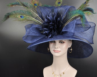 VTG Remade Blue Peacock Derby Hat Feather Rhinestone Wide Brim Church Festival Peacock Feather Hat In Women main image 4