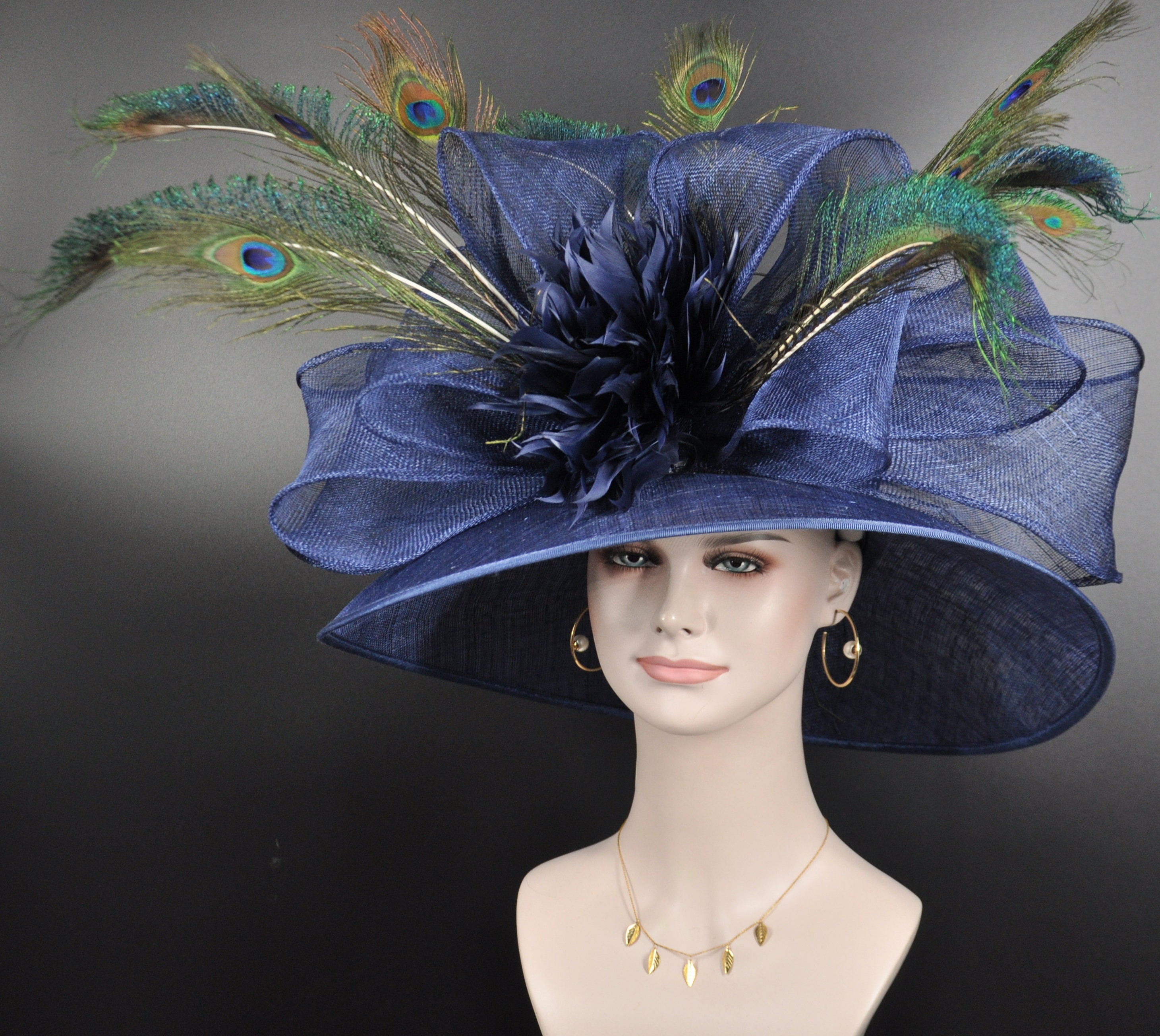 Navy Blue Sinamay Derby Hat: Peacock Feather Church Wedding 
