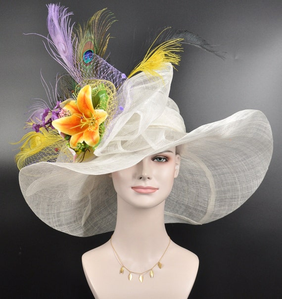 Wide Brim Sinamay Derby Hat: Lily, Silk Flower & Peacock  display picture 1