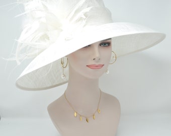 White with Feather Flowers  Kentucky Derby Hat Tea Party Carriage Party  Royal AscotWide Brim  Sinamay Hat