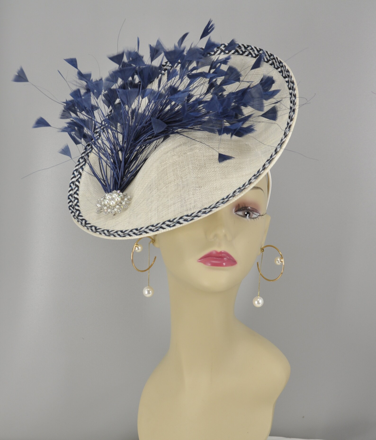 White W Navy Blue Sinamay Fascinator Hat Kentucky Derby Hat Etsy