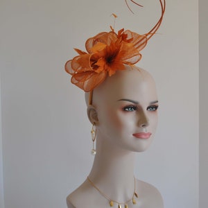 Kentucky Derby Feather Floral Sinamay Headband Fascinator Cocktail Orange