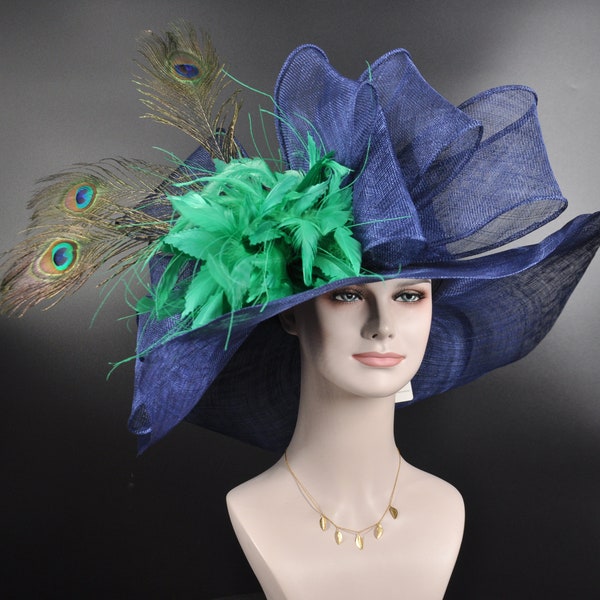 Church Kentucky Derby Hat Carriage Tea Party Wedding Wide Brim Sinamay Hat Navy Blue +Kelly Green More Colors Options Oaks day Hat