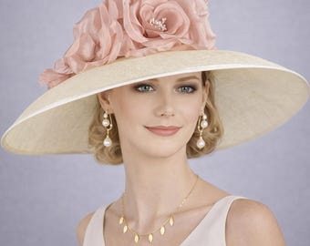 Ivory Sinamay Hut Dusty Pink Seidenblume Kentucky Derby Hut, Ascot Hut für Hochzeit Teeparty, Gartenparty Hut, Mutter der Braut, Kirche