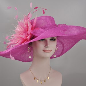Fuchsia Hot Pink Pink Feather Flower Wide Brim Sinamay Hat Kentucky Derby Hat, Church  Wedding Hat, Easter Hat