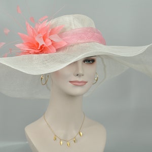 Church Kentucky Derby HatCarriage Tea Party Wedding Wide Brim Sinamayw Feahters Hat  White with Pink