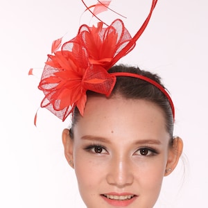 Kentucky Derby Feather Floral Sinamay Headband Fascinator Cocktail Red