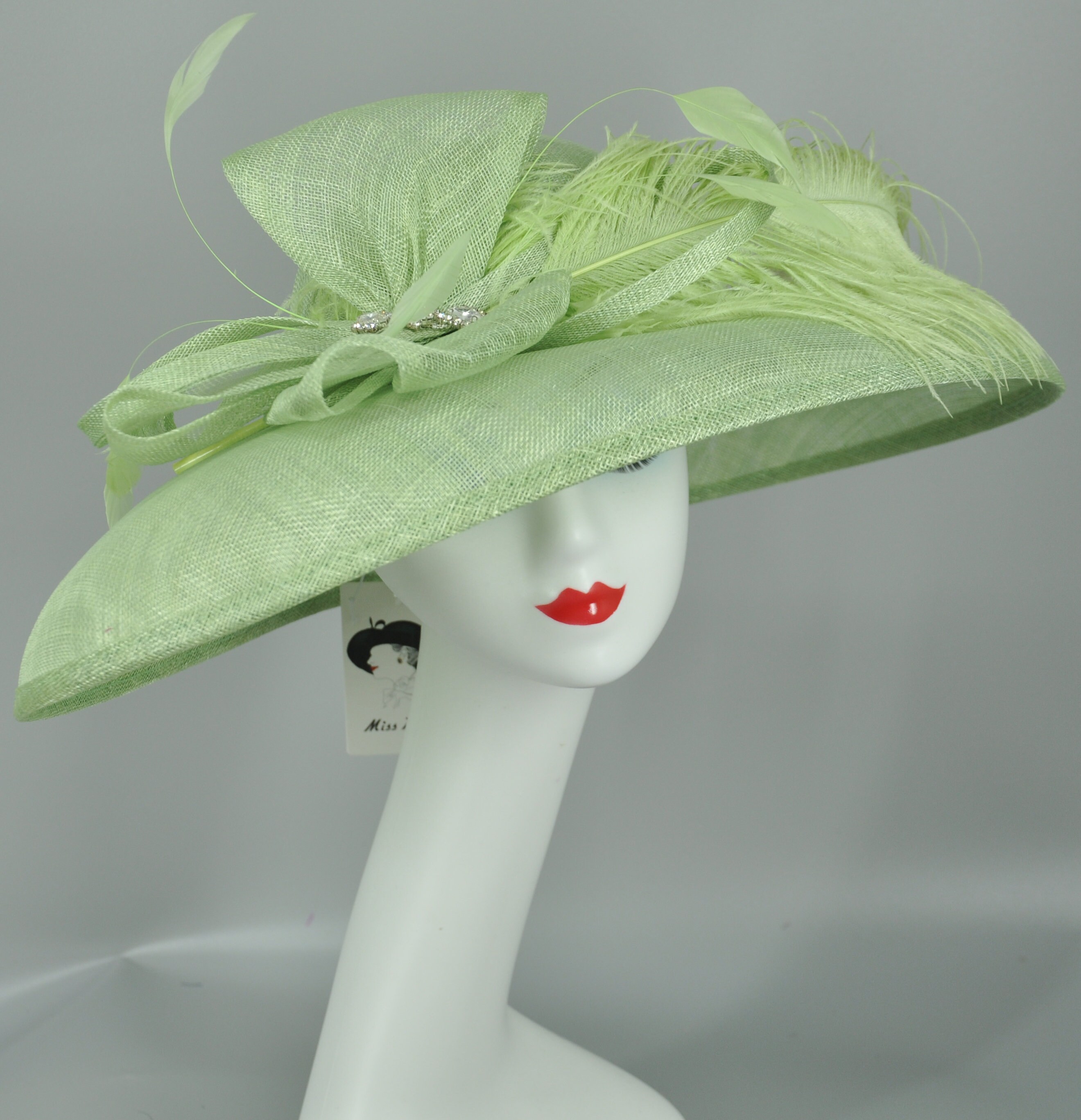 Green Rinstones Ostrich Feathers Wide Brim Kentucky Derby  display picture 2