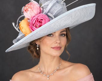 Blue Peony Flower Wide Brim Kentucky Derby Hat, Royal Ascot Hat, Wedding Fascinator, Mother of the Bride, Church Hat, Garden Party Hat