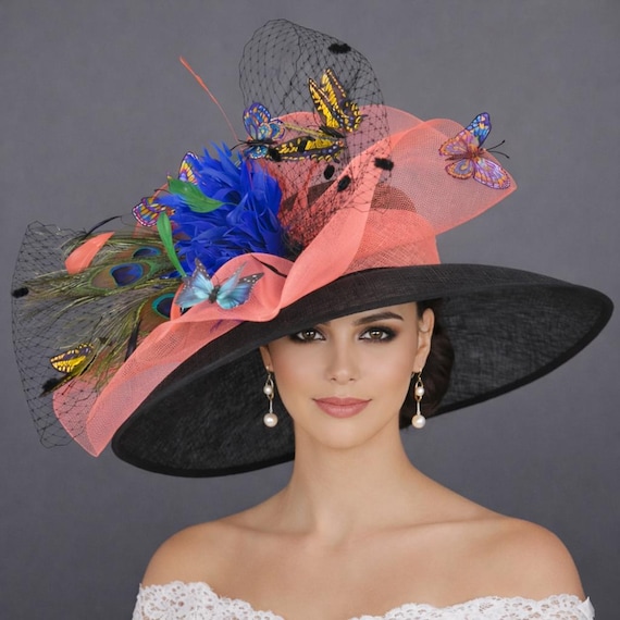 Black Royal Blue Feather Flower Butterfly Wide Brim Sinamay  display picture 1