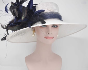 Church Kentucky Derby Carriage Tea Party Wedding Wide Brim  Royal Ascot Horse Race Oaks day hat White with Navy Blue