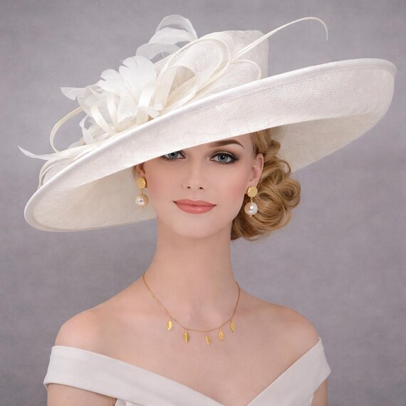 Formal Chic White Dome Brim Hat with Faux Pearl Accent Hat Pin White Large Brim Fascinator Hat With Pearl and Rhinestone  main image 2