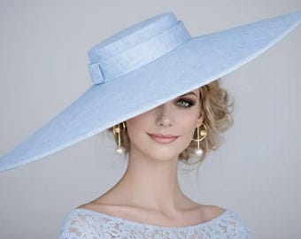Wide Brim Fascinator Hat For Kentucky Derby , Ascot Hat for Wedding & Tea Party, Garden Party Hat, Mother of the Bride, Church Powder Blue