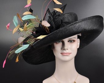 Kentucky Derby Hat,Oaks day hat,Carriage,Tea Party, Wedding, Hat Wide Brim Sinamay Hat Black God Hot Pink Turquoise Peacock Feahters