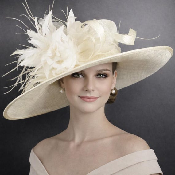 Ivory Feather Flower Wide Brim Kentucky Derby Hat, Ascot Hat  display picture 2