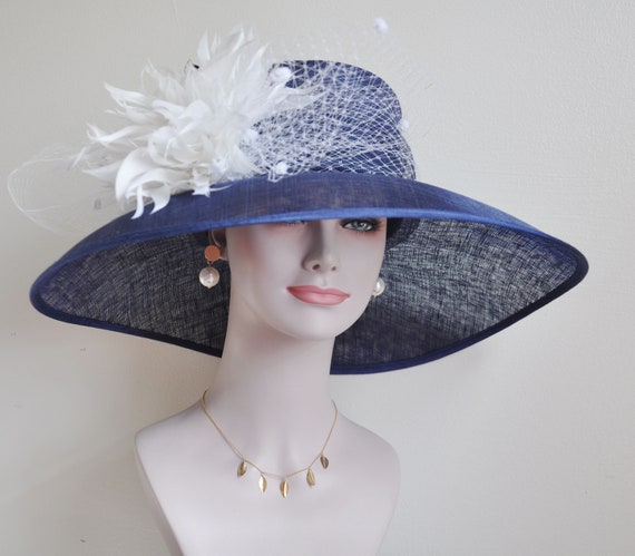 Kentucky Derby Women\'s Navy Blue White Feather Hat Navy Blue White Fascinator Hat, Navy White Derby Fascinator  main image 4