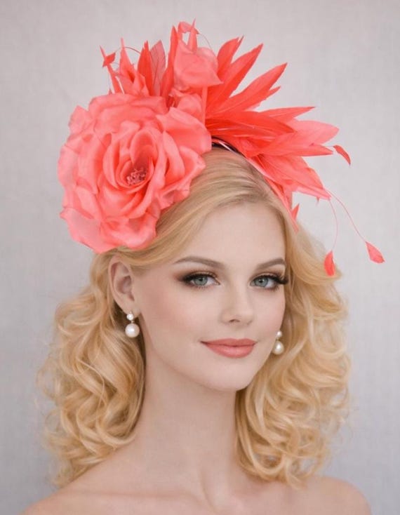Coral Fascinator Headband Derby Hat | Kentucky Derby, Wedding Guest, Ascot Coral Orange Saucer Disc Kentucky Derby Fascinator Hat Royal  main image 2