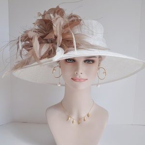 Church Kentucky Derby Carriage Tea Party Wedding Wide Brim  Royal Ascot Horse Race Oaks day hat White with Taupe and White Feathers