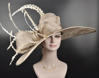 Derby tan with silver hints sun hat in sinamay SD28A Natural/silver – Jumbo Bow Wide-brim Sinamay Hat  main image 3