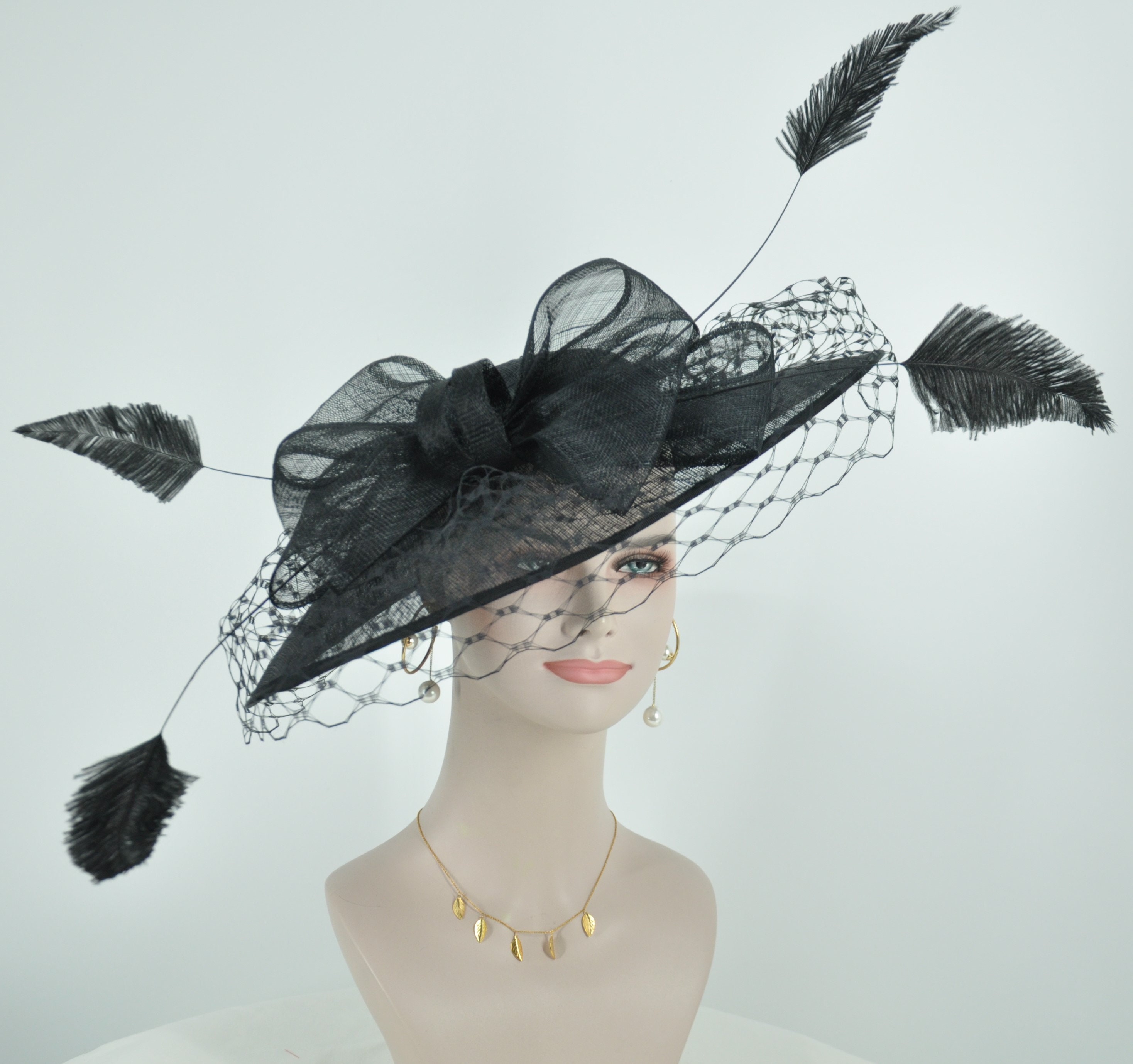 KY Derby Church Black Feather Sinamay Disc Hat Wide Brim Formal Fascinator Black Large Flower Fascinator Sinamay Church Hat Kentucky  main image 4