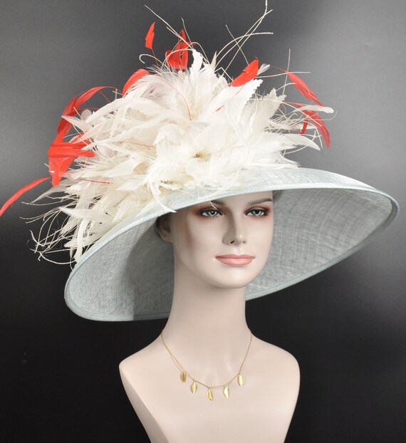 Large Wide-Brim Ivory Sinamay Hat with Light Blue Floral Accent M826-1 Champagne/ivory/teal Wide-brim Sinamay Hat – Kentucky  main image 4