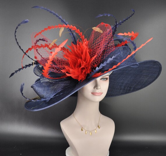 Navy Wide-Brim Hat with Red Feather Accents Navy Cappuccino Fedora Hat with White Band and Feather  main image 4