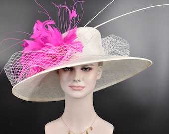 Wide Brim Sinamay Hat Church Kentucky Derby Hat Carriage Party Wedding Hat Royal Ascot Horse Race Oaks day hat Off White/Ivory Fuchsia Pink