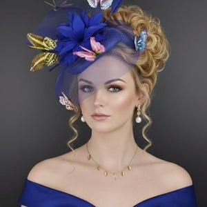 Statement Sinamay Fascinator hat w Butterfly Detail, Kentucky Derby Hat, Ascot Race Hat,Wedding Guest, Garden Party Headpiece Royal Blue