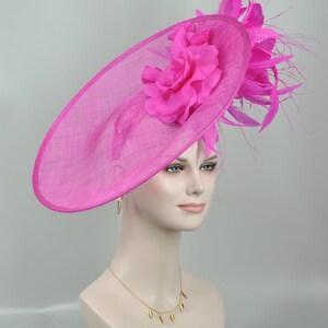 Hot pink Sinamay Disc Fascinator Hat with  Jumbo Silk and  Feather Flowers