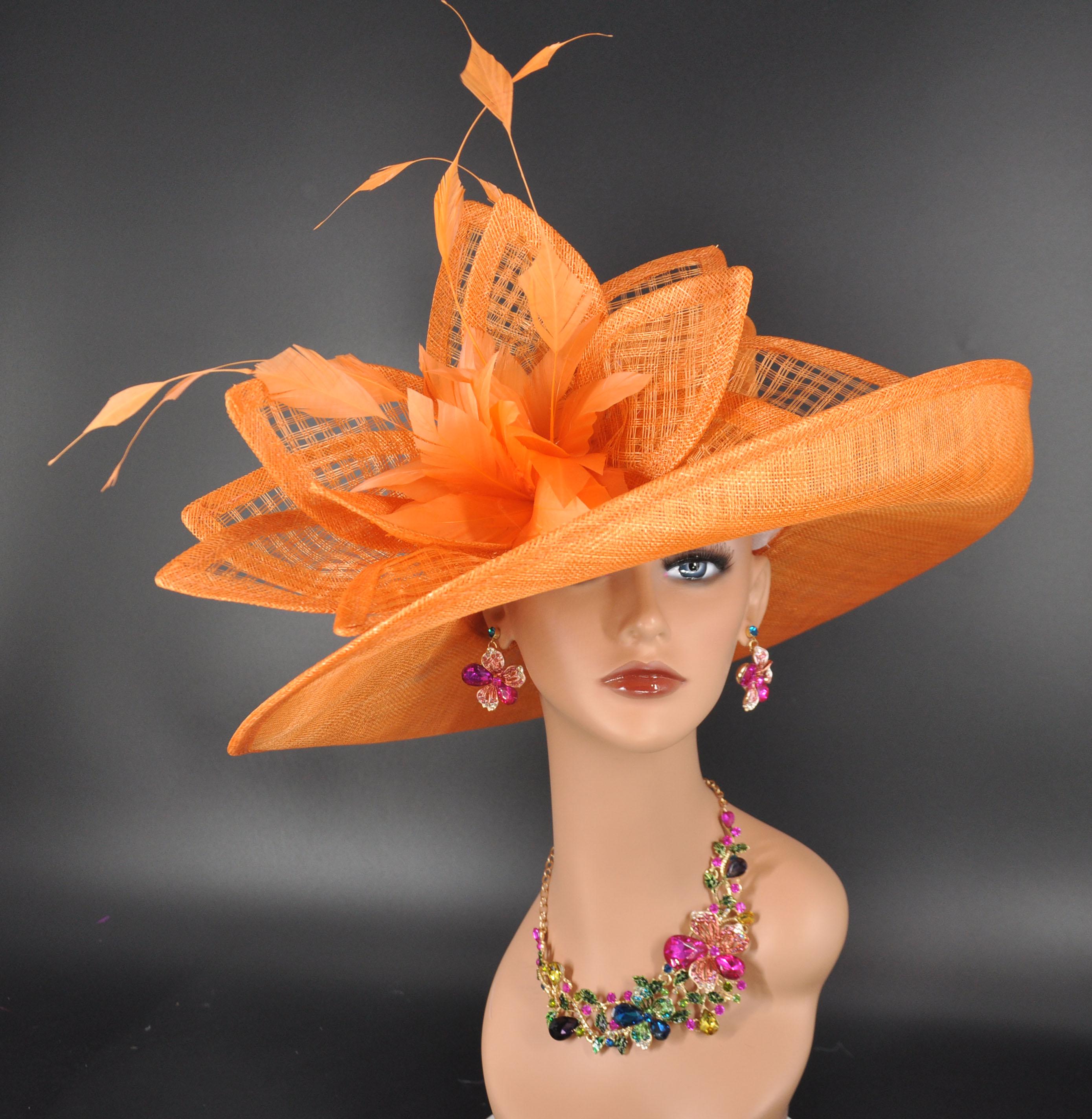 ❤️#13 Cappelli Beautiful Orange/Gold Church Lady Hat Gold Yellow Satin Haute Couture Big Brim Hat Women, Formal  main image 4