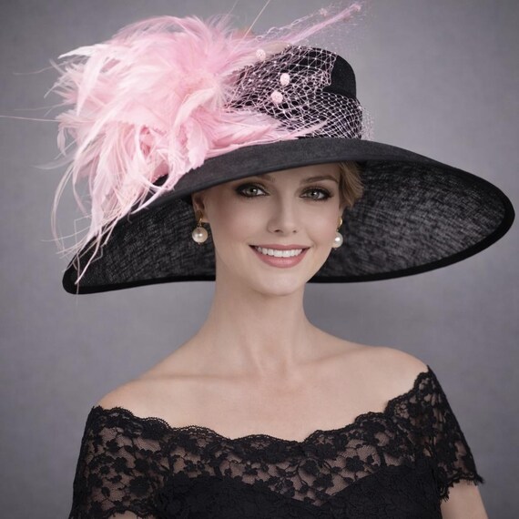 Black Pink Feather Flower Wide Brim Kentucky Derby Hat  display picture 3