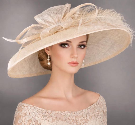 Champagne Italy Hat Sun Womens Beige Wide Brim Rhinestone Feathers Derby Church Champagne Feathered Wide Brim Kentucky Derby Hat, Ascot Hat  main image 2