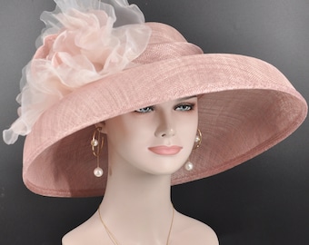 Blush Pink Sinamay Derby Hat, Wide Brim Silk Flower