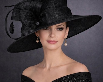 Wide Brim Kentucky Derby Hat, Ascot Hat for Wedding & Tea Party, Garden Party Hat, Mother of the Bride, Church Black