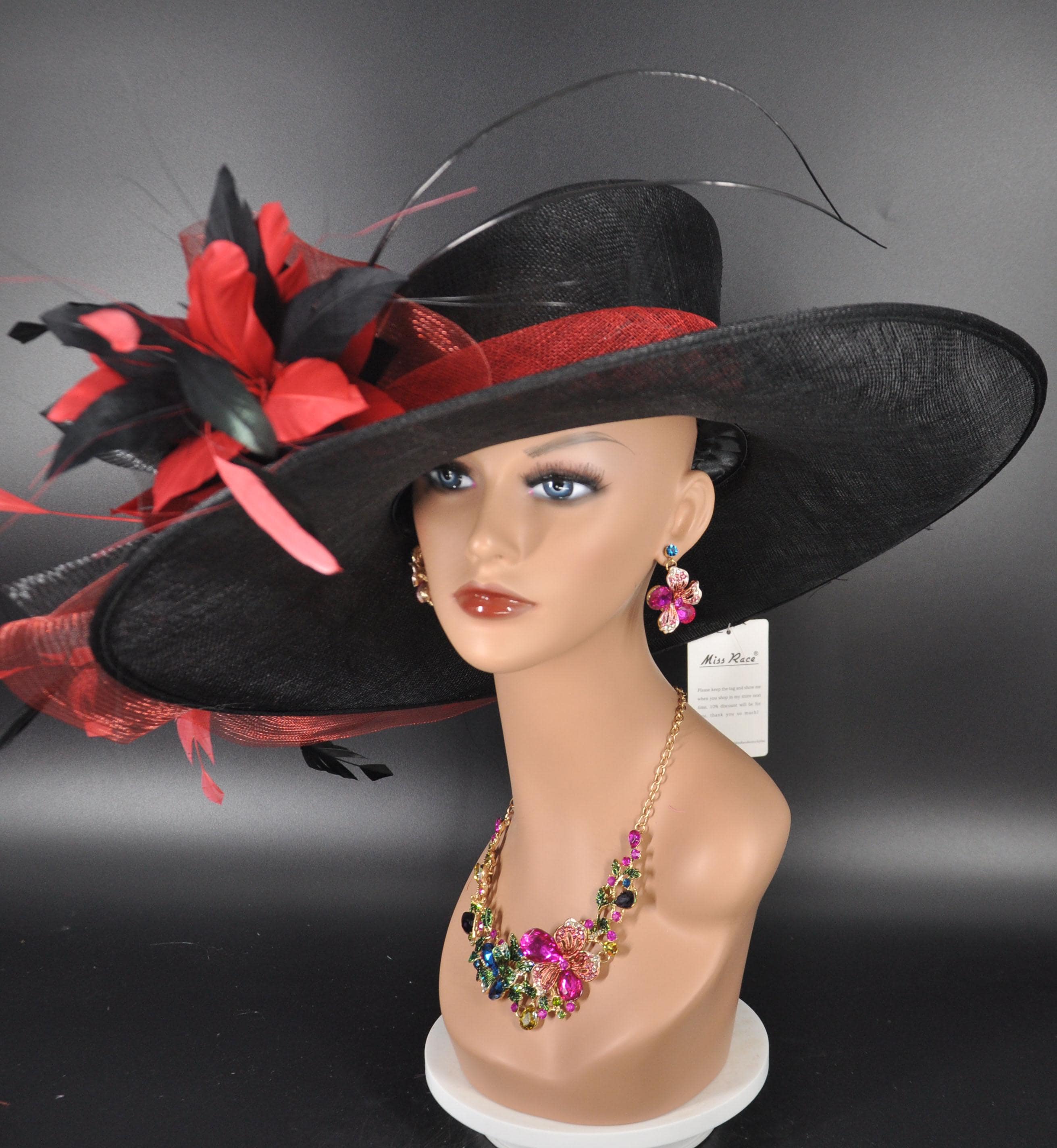 Handmade Kentucky Derby Custom Floral Black & Red Straw Big Brim Hat Wide Brim Black Kentucky Derby Hat: Red Flower, American  main image 2