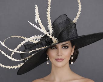 Black  Ivory Feather Jumbo  Bow Kentucky Derby Hat,Ascot Hat for Wedding & Tea Party, Garden Party Hat, Mother of the Bride, Church